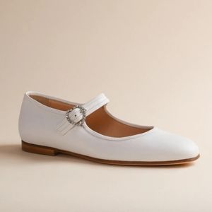Brother Vellies White Leather Mary Jane Flats with Crystal Heart Buckle